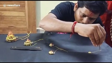 Indian miniaturist carves millimetres-tall wooden sculpture of chariot