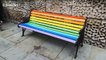 Rainbow painted bench seen in Trafalgar Square for Pride Month
