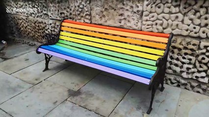 Rainbow painted bench seen in Trafalgar Square for Pride Month