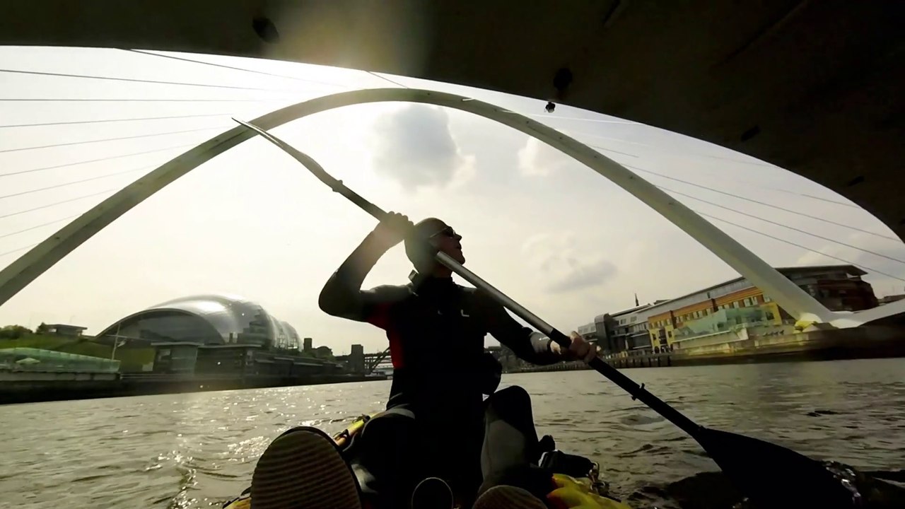 Kayaking Newcastle Upon Tyne City Centre under 7 Bridges in 2 Tootega kayaks with 3 mounted  cameras
