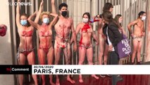 معترضان «شورش انقراض» با بدن عریان و خونین خود را به زنجیر کشیدند