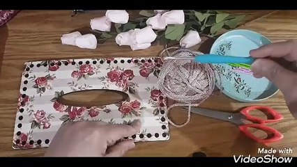 غطاء علبة المناديل كروشيه بخيط السلسلة مع الخشب المطبوع | crochet tissue box cover