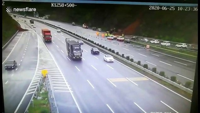 Truck almost topples over after car swerves across lanes on Chinese highway
