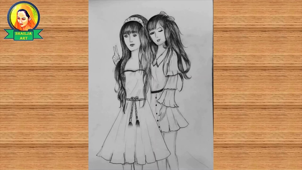 friends drawing | Best friends pencil Sketch Tutorial | How To ...