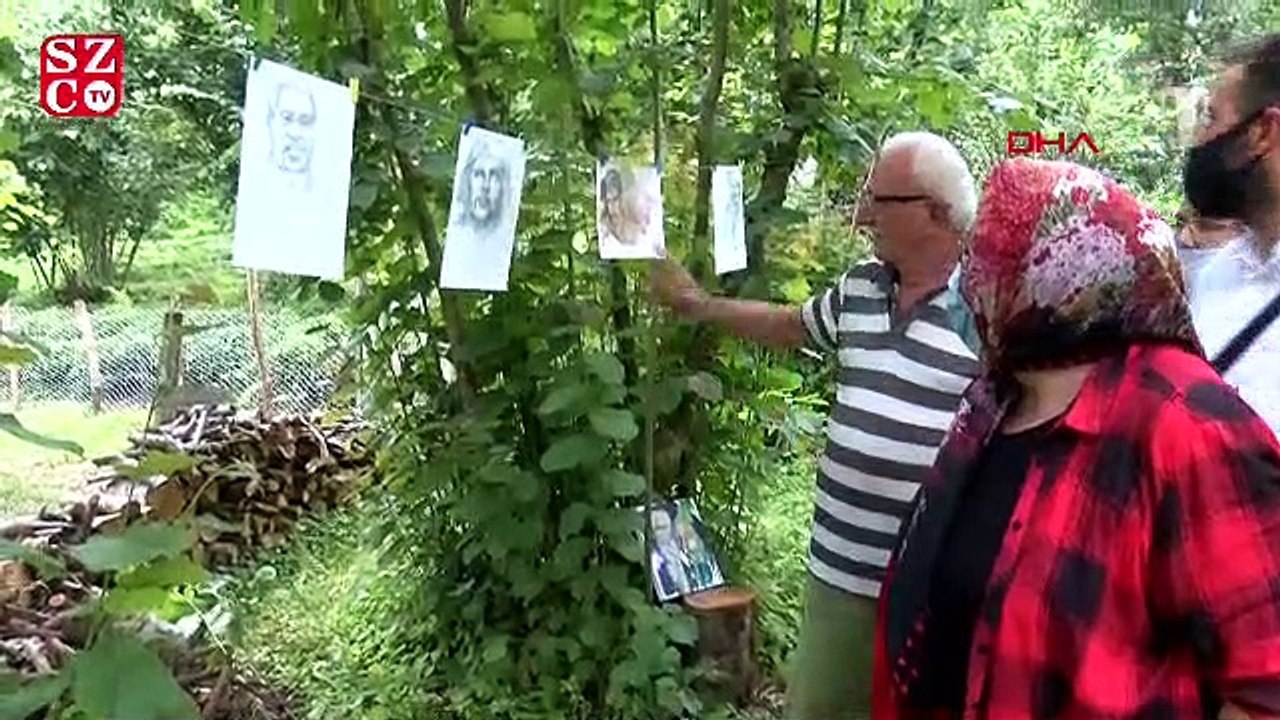 Resmettiği tabloları fındık bahçesinde sergiledi