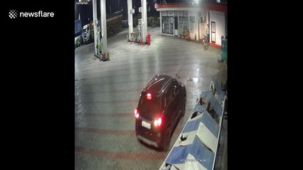 Lucky escape for two men after speeding car attempts to ram petrol pump in northern India