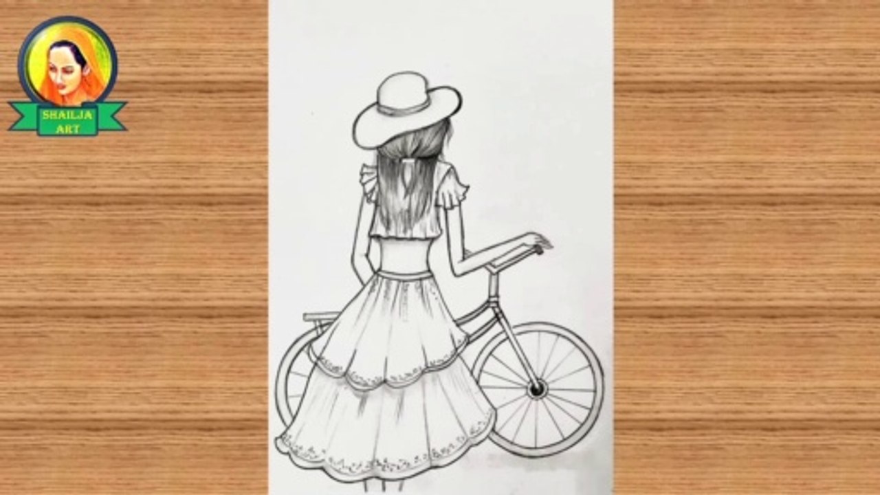 girl with cycle drawing | how to draw girl with bicycle step by step | pencil sketch