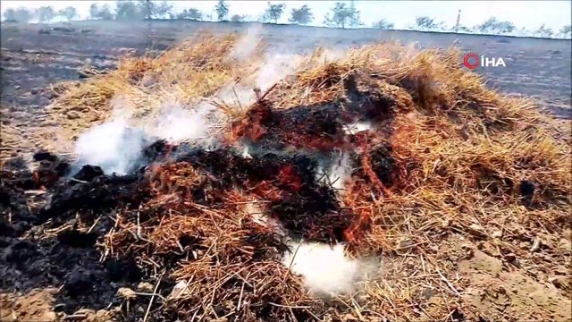 Balya makinesinden sıçrayan kıvılcım tarlayı küle çevirdi