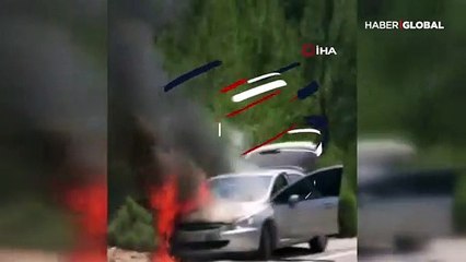 Ormanlık alanda araç alev alev yandı