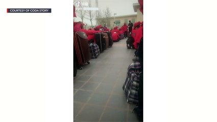 On many of the videos, a Chinese version of the Italian folk song “Bella Ciao” plays over the top