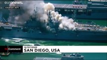 شاهد.. انفجار في سفينة حربية أمريكية راسية في ميناء بكاليفورنيا