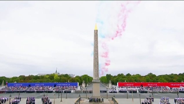 La patrouille de France passe au dessus de la tribune présidentielle, suivie d'un groupe aérien en hommage au général de Gaulle