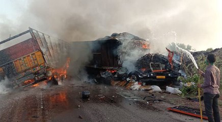 अजमेर-हरियाणा मेगा हाइवे पर लाड़नू में हादसा, दो ट्रकों की भिड़ंत के बाद 4 लोग जिंदा जले, VIDEO