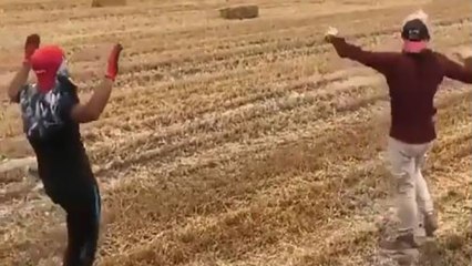 Sıcaktan bunalınca tarlada göbek atıp oynadılar