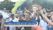 Leeds fans celebrate promotion outside Elland Road
