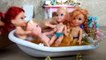 Orange Juice Bath Time! ELSA, ANNA, ARIEL and CINDERELLA Toddler Dolls PLAY in Orange juice bathtub