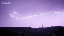 Elongated fork lightning captured above the skies of Lisbon