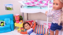 Brother & sister dolls dress up in bunk bedroom for bike ride in the park