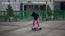 Japanese skateboarder pulls off sick tricks with two boards