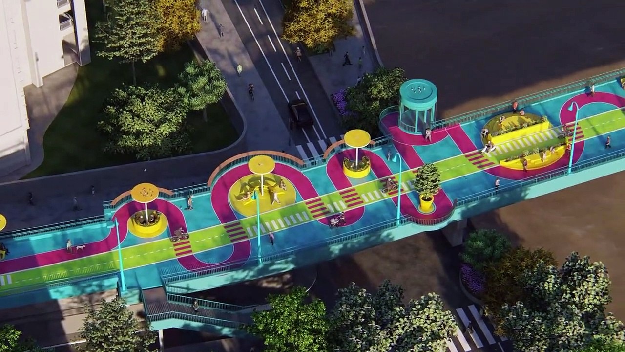 Le pont piétonnier de Shanghai est transformé en un parc surélevé et  très attrayant avec des couleurs très vives et des formes en boucle