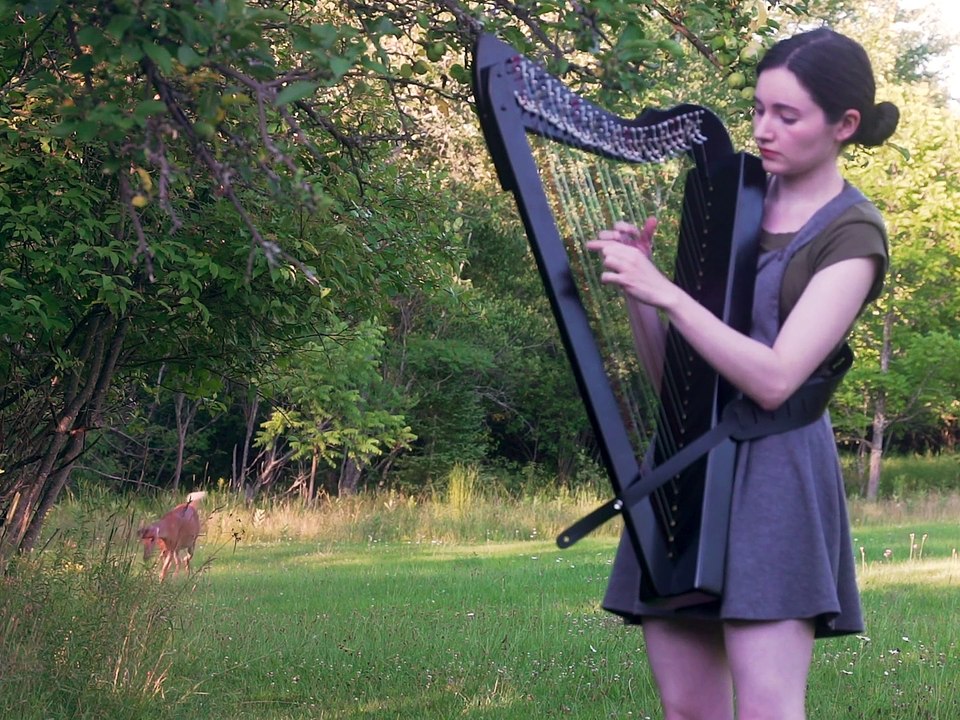 Cette musicienne joue de la harpe et attire un cerf