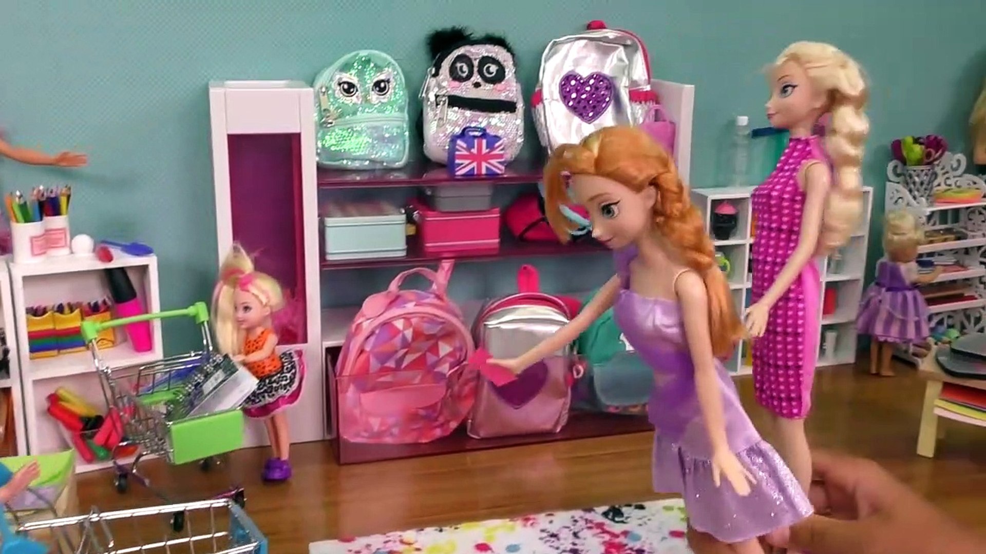 Elsa and Anna toddlers buy school supplies from store - Barbie is seller -  video Dailymotion