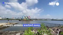 Giant Olympic rings in Tokyo towed away for maintenance