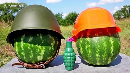 Military helmets used to protect watermelons from firecrackers in YouTuber's experiment