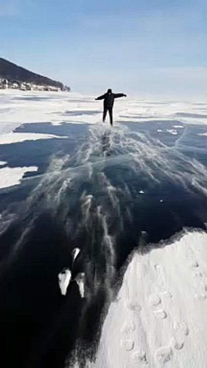 Strong Winds Slides Man Across Frozen Lake