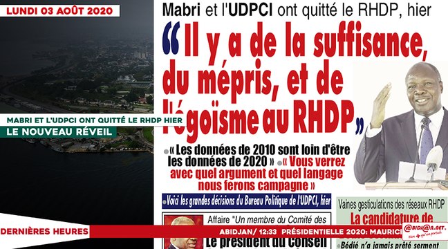 Le titrologue du lundi 03 Août 2020/ Mabri et l'UDPCI ont quitté le RHDP hier