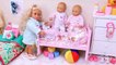 Mommy and twin baby dolls family routine in dollhouse with toys