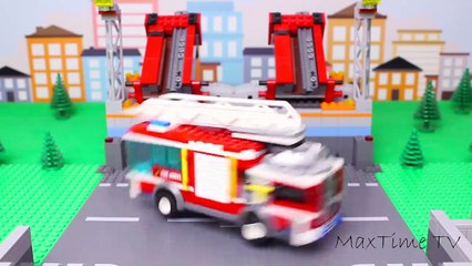 LEGO Fire truck and concrete mixer truck build a railway for kids