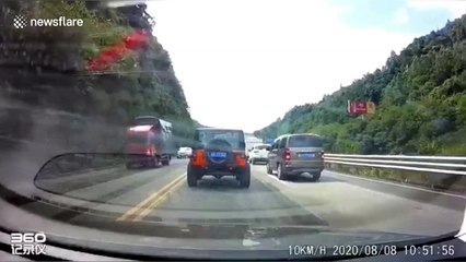 Rocks smash into cars after tumbling down hill in southern China