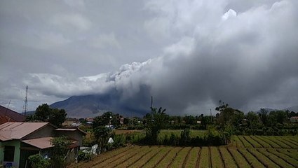 Ash towers high into the sky from volcano