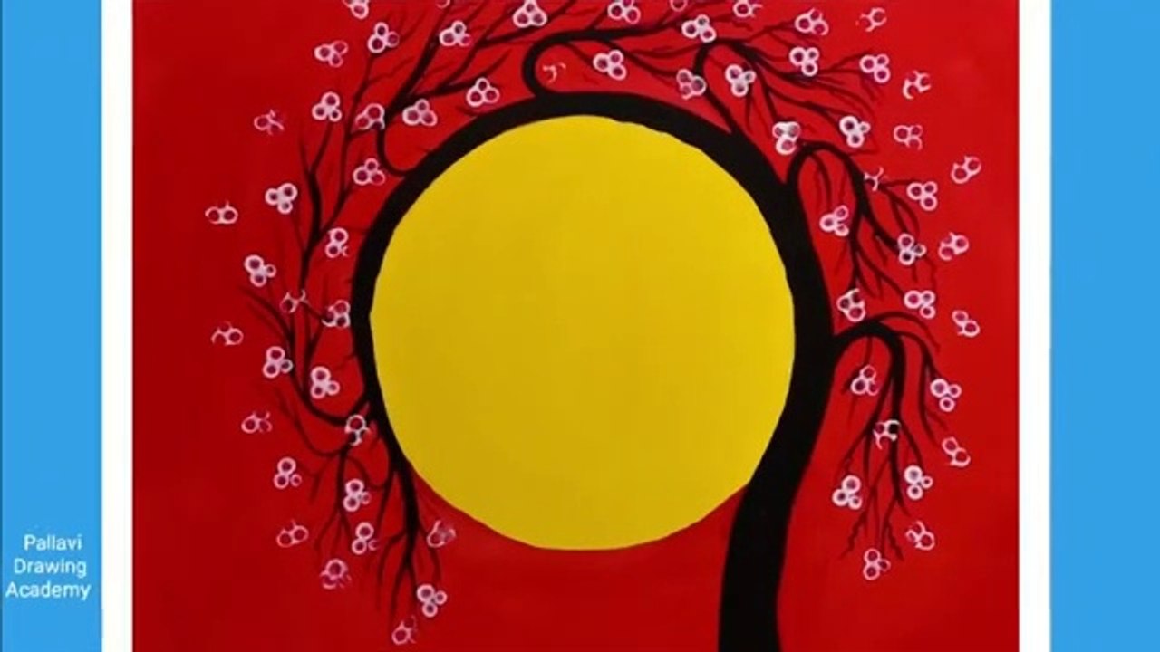 Step by step sunset painting and flowering tree for kids and beginners __ Pallav