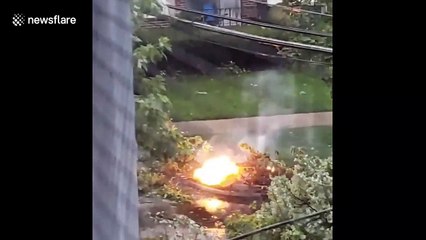 Fire erupts due to downed power lines from derecho storm in Chicago