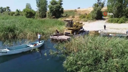 Beyşehir Gölünde yüzdürülerek adaya götürülen biçerdöverle hasat