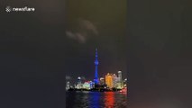 Lightning bolt strikes top of Oriental Pearl TV Tower in Shanghai