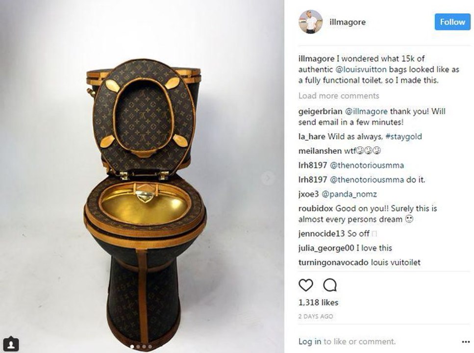 Golden toilet covered in Louis Vuitton monogram...