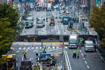 Japan road rebuilt over sinkhole, starts sinking again
