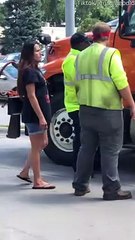 Woman Spits on City Workers at Gas Station