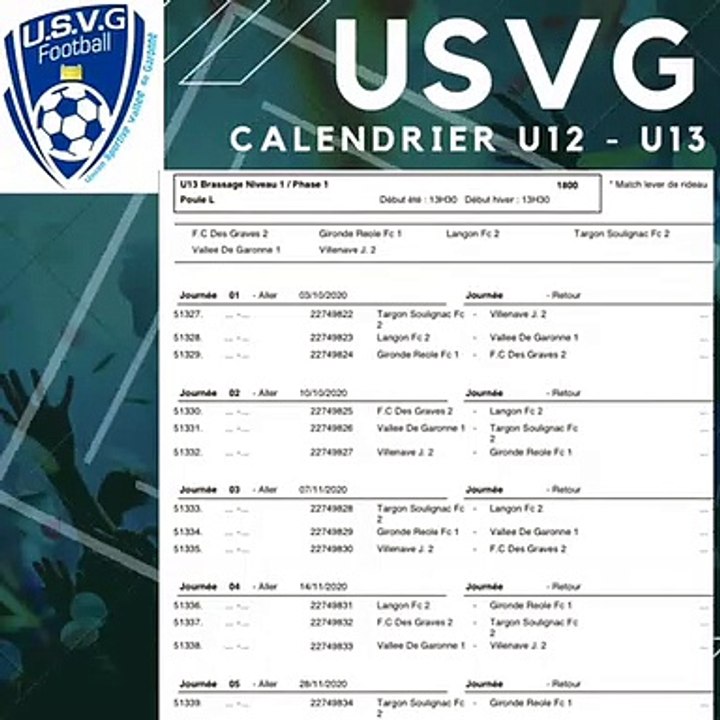 Calendrier U12 - U13