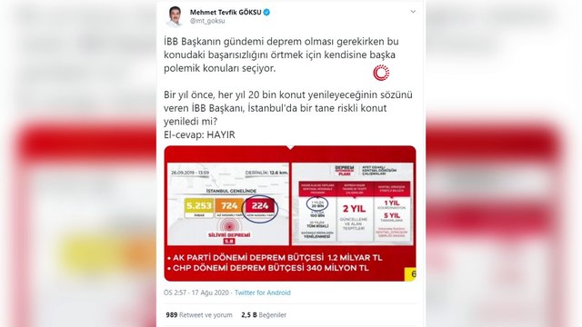 Göksu'dan İmamoğlu'na deprem eleştirisi:'20 bin bina yenileyecekti, bir tane yenilemedi'