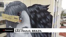 Graffiti artists paint giant murals on tower blocks in Sao Paulo