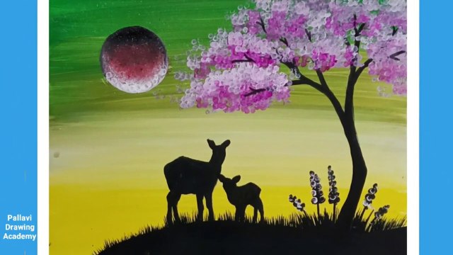 How to draw easy sunset painting with tree and deer __ mother's love __ Pallavi Drawing Academy __