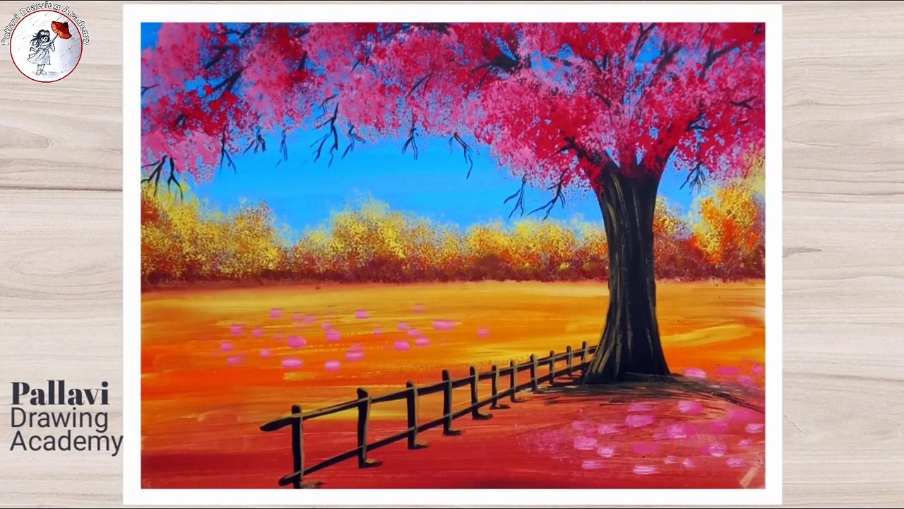 Easy and beautiful landscape painting with red tree __ Pallavi ...