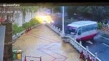 Out-of-control minibus smashes into guardrails and throws driver out in China