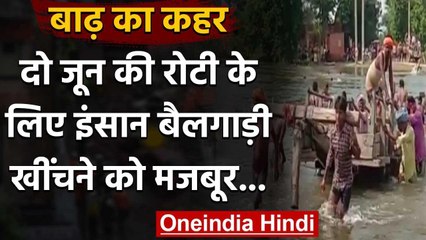 Barabanki में बाढ़ पीड़ितों को दो जून की रोटी के लिए बनना पड़ रहा बैल, देखिये वीडियो | वनइंडिया हिंदी