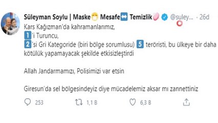 Bakan Soylu: 'Kars Kağızman'da kahramanlarımız, 1'i Turuncu, 2'si Gri Kategoride  5 teröristi, bu ülkeye bir daha kötülük yapamayacak şekilde etkisizleştirdi.'
