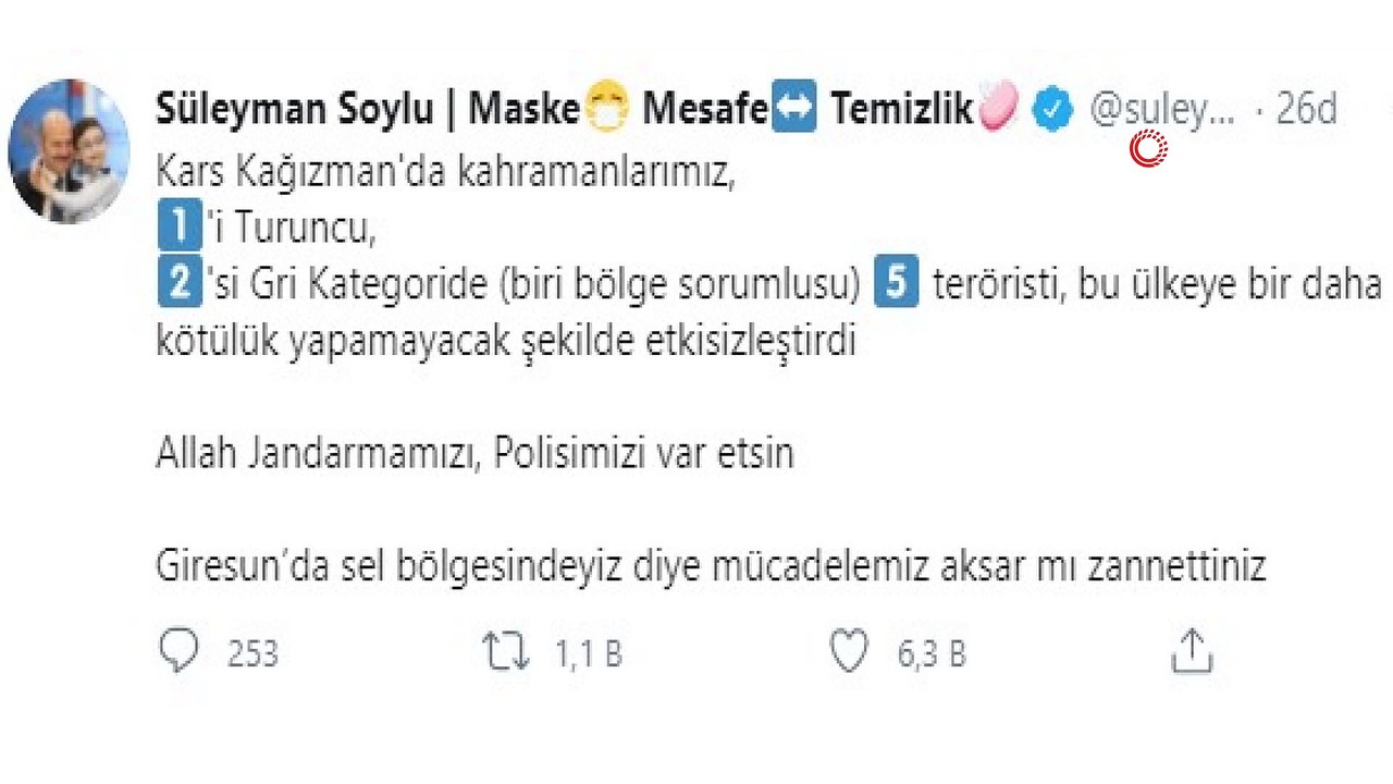 Bakan Soylu: 'Kars Kağızman'da kahramanlarımız, 1'i Turuncu, 2'si Gri Kategoride  5 teröristi, bu ülkeye bir daha kötülük yapamayacak şekilde etkisizleştirdi.'